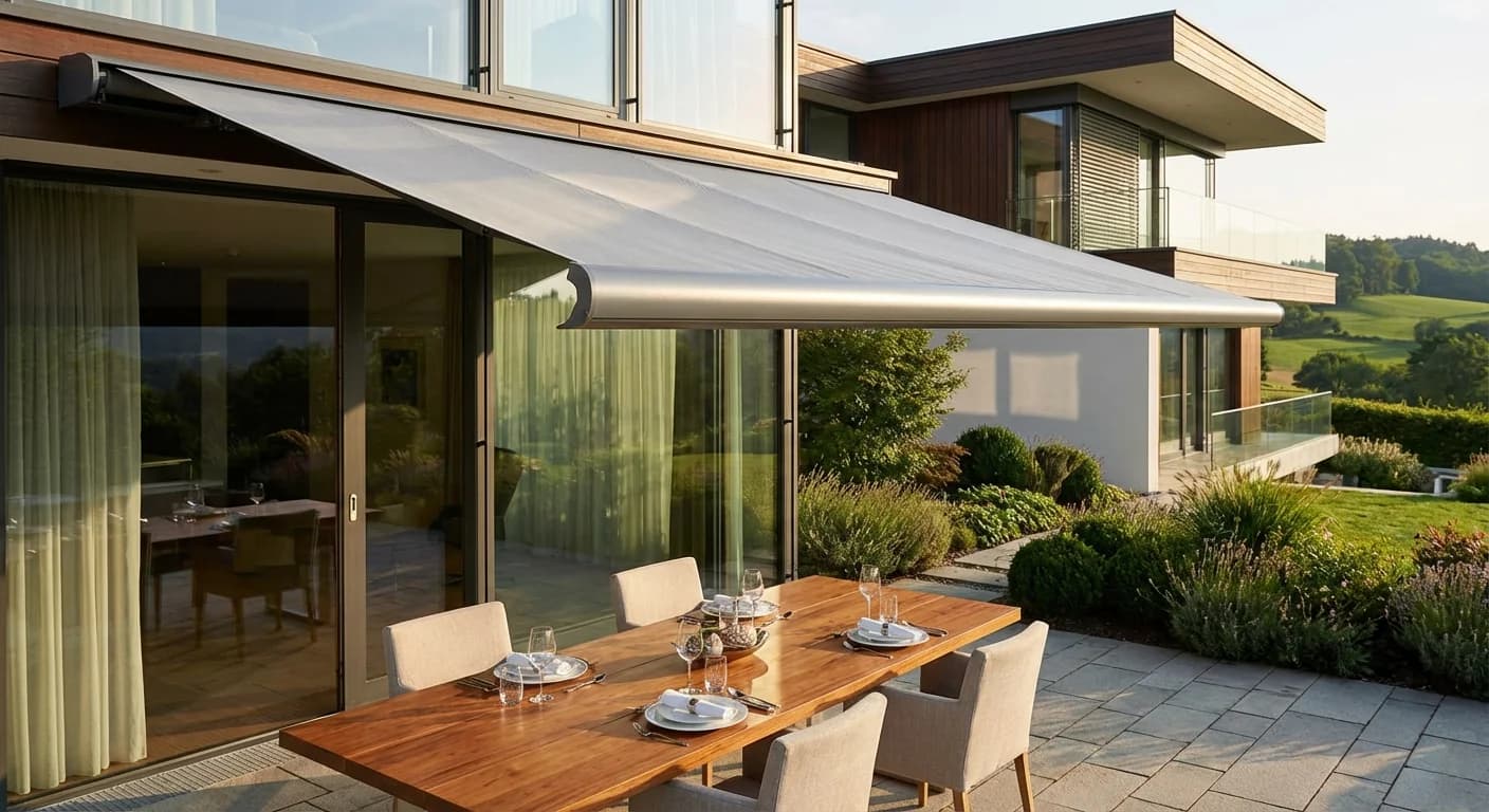 Moderne Kassettenmarkise auf Terrasse